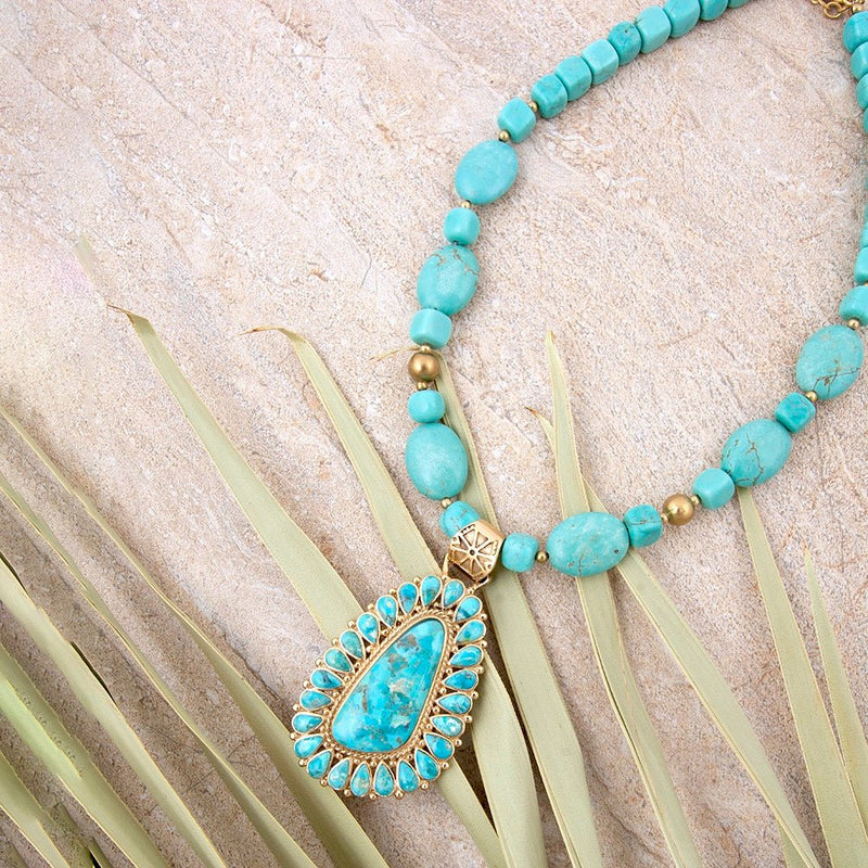 Sedona Blue Turquoise Golden Pendant Necklace - Barse Jewelry