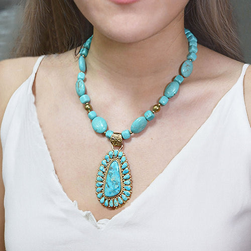 Sedona Blue Turquoise Golden Pendant Necklace - Barse Jewelry