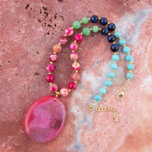 Serape Multi-Stone Pink Magenta Agate Pendant Necklace - Barse Jewelry