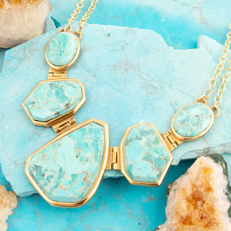 Slabs of Blue Turquoise Golden Statement Necklace - Barse Jewelry