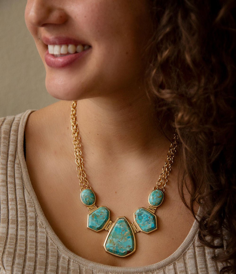 Slabs of Blue Turquoise Golden Statement Necklace - Barse Jewelry
