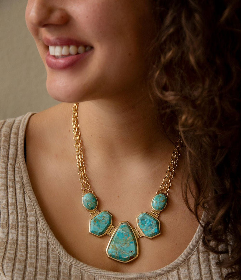 Slabs of Blue Turquoise Golden Statement Necklace - Barse Jewelry