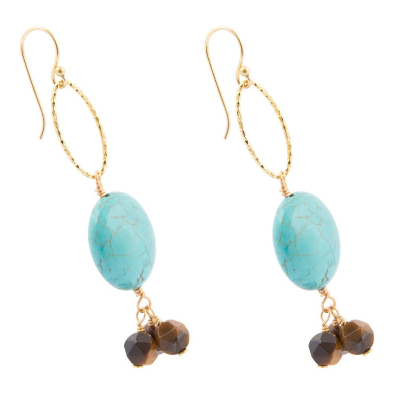Smoky Brown Tiger's Eye and Blue Magnesite Golden Drop Earrings - Barse Jewelry
