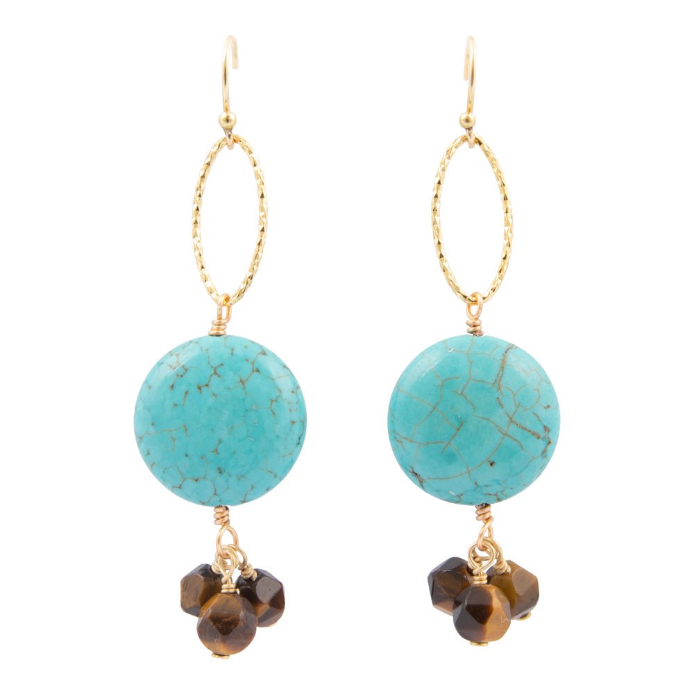Smoky Brown Tiger's Eye and Blue Magnesite Golden Drop Earrings - Barse Jewelry