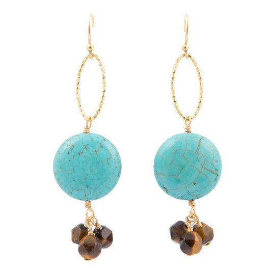 Smoky Brown Tiger's Eye and Blue Magnesite Golden Drop Earrings