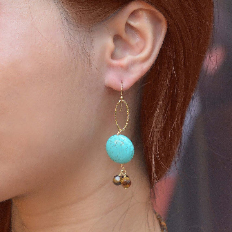 Smoky Brown Tiger's Eye and Blue Magnesite Golden Drop Earrings - Barse Jewelry