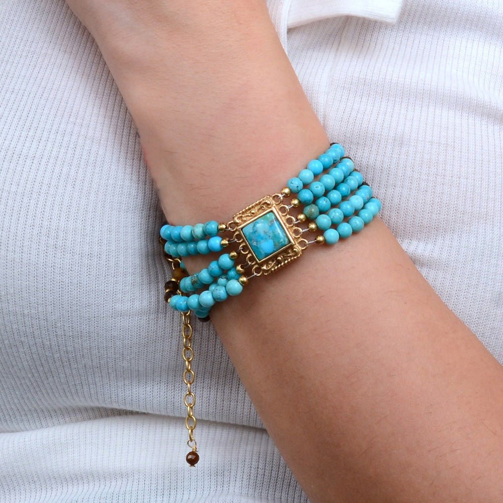 Smoky Quartz and Blue Turquoise Golden Statement Bracelet - Barse Jewelry