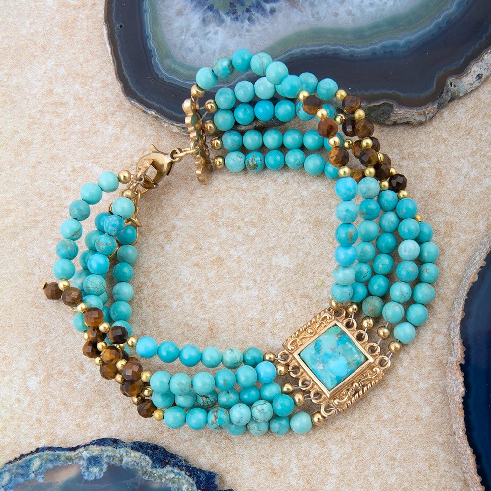 Smoky Quartz and Blue Turquoise Golden Statement Bracelet - Barse Jewelry