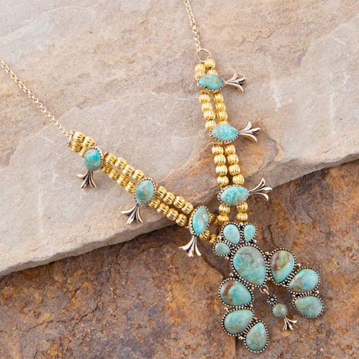 Squash Blossom Statement Blue Turquoise Golden Necklace - Barse Jewelry