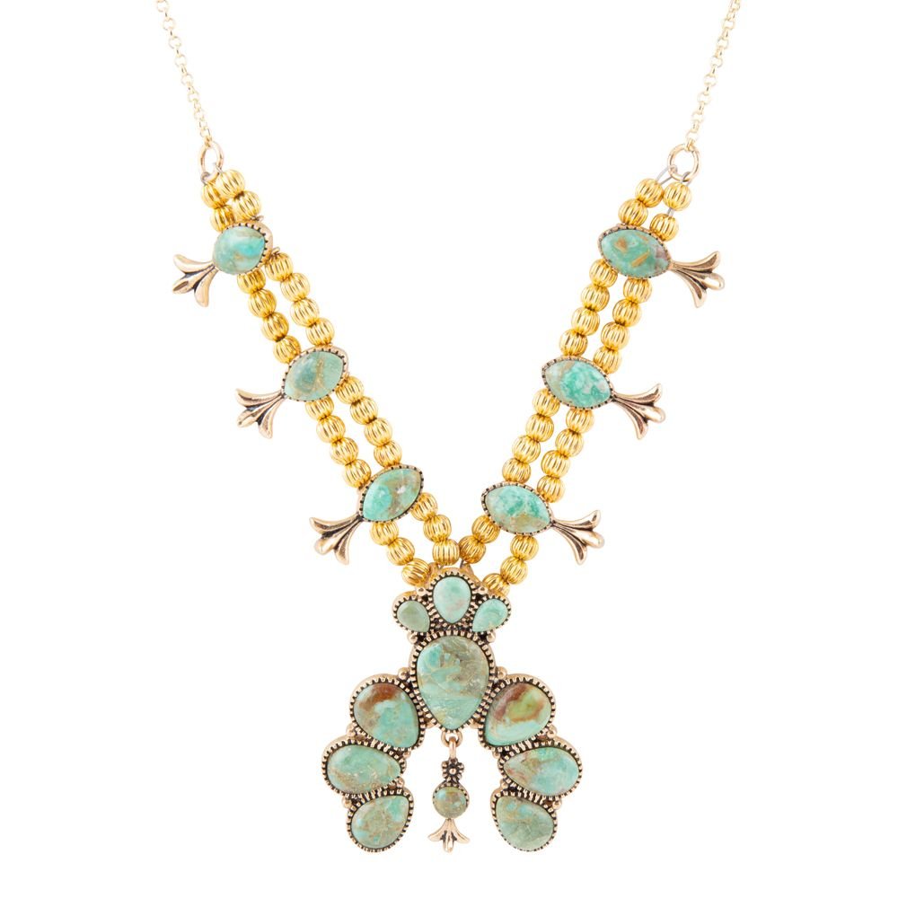 Squash Blossom Statement Blue Turquoise Golden Necklace - Barse Jewelry