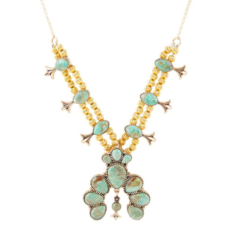 Squash Blossom Statement Blue Turquoise Golden Necklace - Barse Jewelry