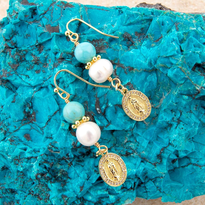 St. Guadalupe Blue Magnesite Golden Drop Earrings - Barse Jewelry