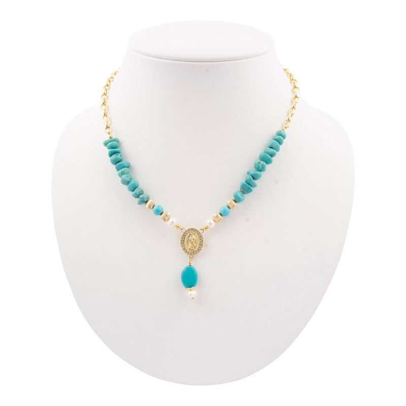 St. Guadalupe Blue Magnesite Golden Pendant Necklace - Barse Jewelry