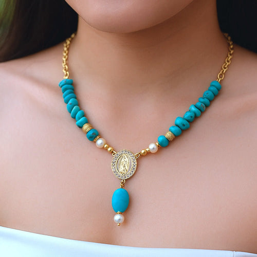 St. Guadalupe Blue Magnesite Golden Pendant Necklace - Barse Jewelry