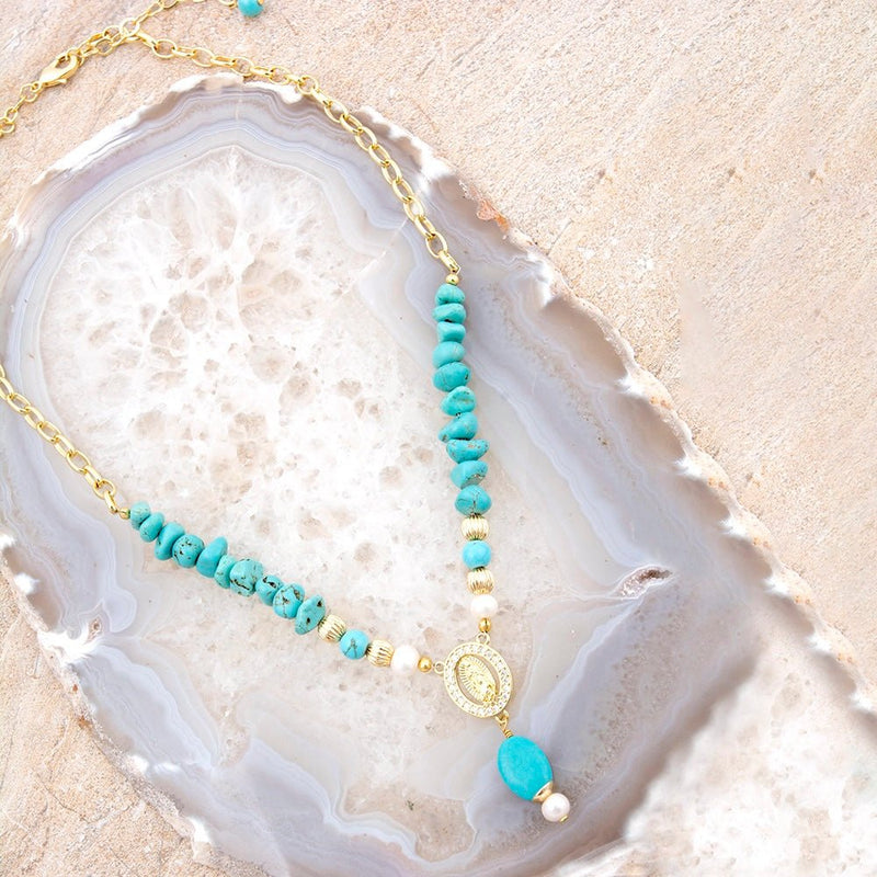 St. Guadalupe Blue Magnesite Golden Pendant Necklace - Barse Jewelry