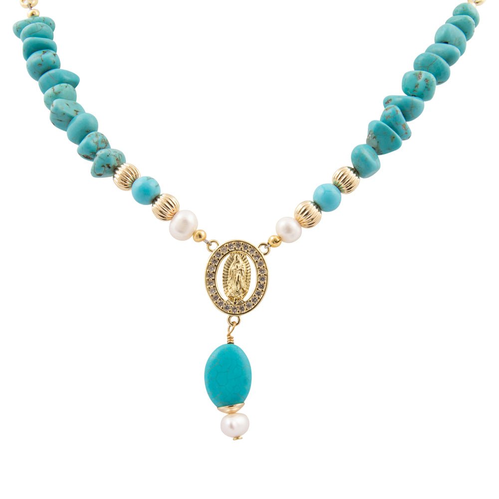 St. Guadalupe Blue Magnesite Golden Pendant Necklace - Barse Jewelry