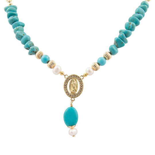 St. Guadalupe Blue Magnesite Golden Pendant Necklace