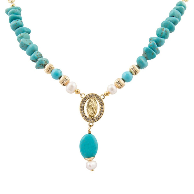 St. Guadalupe Blue Magnesite Golden Pendant Necklace - Barse Jewelry