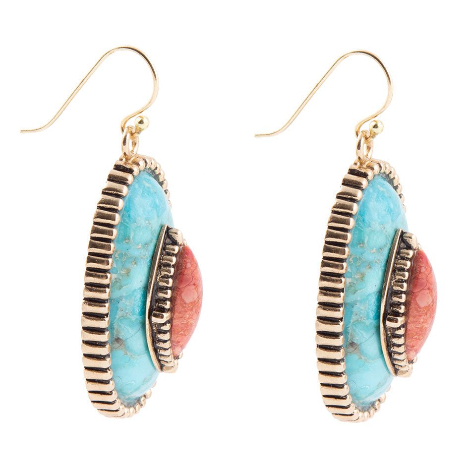 Stacked Stone Blue Turquoise Golden Drop Earrings - Barse Jewelry