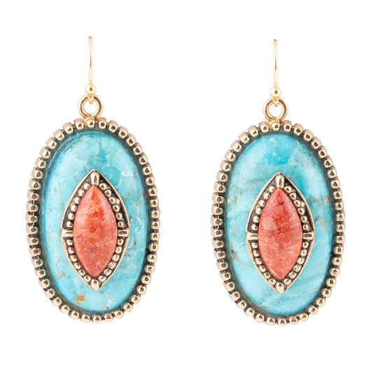 Stacked Stone Blue Turquoise Orange Sponge Coral Golden Drop Earrings