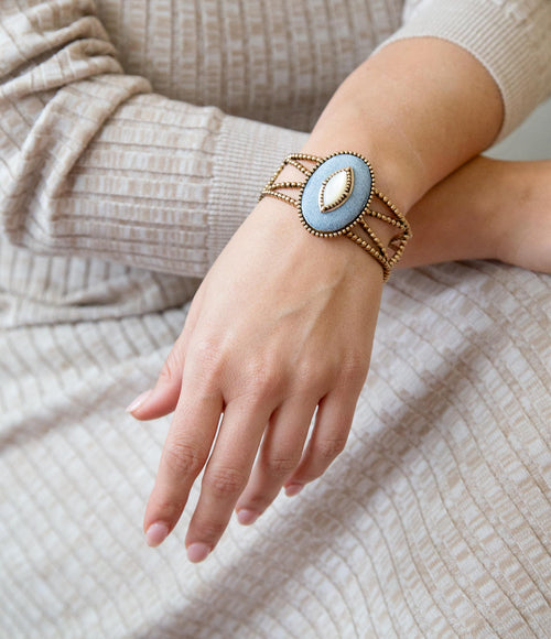 Stacked White Pearl and Blue Denim Cuff Bracelet - Barse Jewelry
