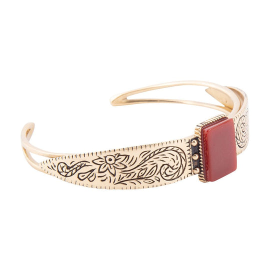 Stamped Orange Carnelian Golden Cuff Bracelet