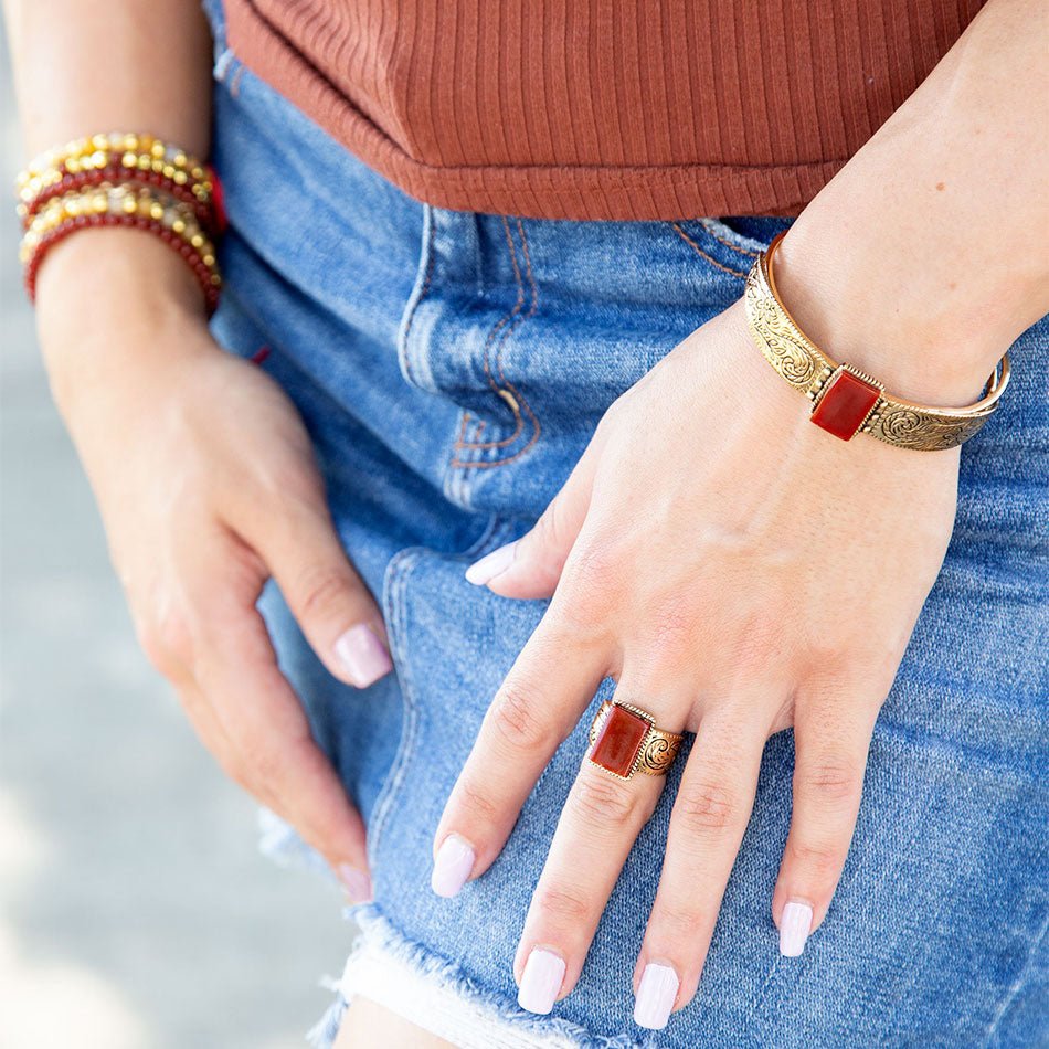 Stamped Orange Carnelian Golden Cuff Bracelet - Barse Jewelry