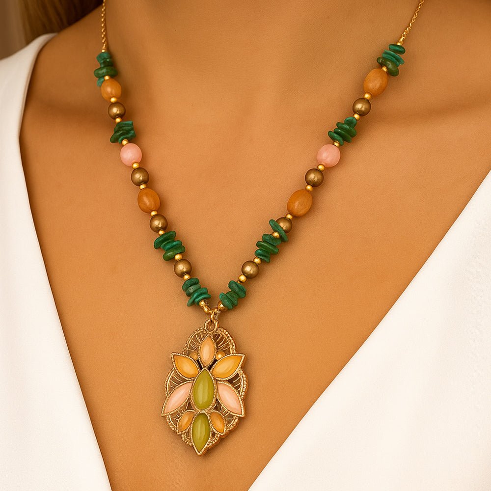 Stargazer Green and Pink Golden Pendant Necklace - Barse Jewelry