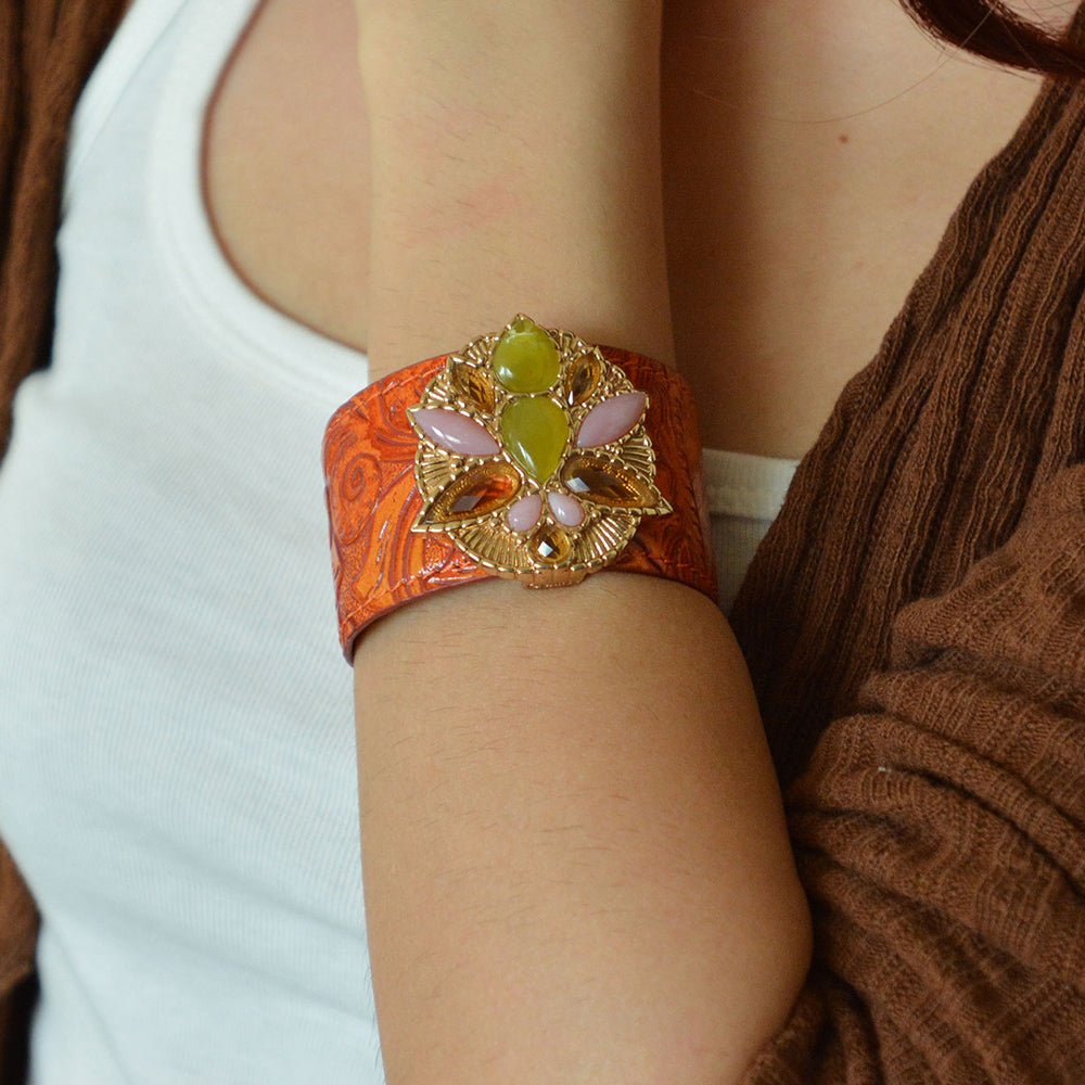 Stargazer Green Jasper Golden Leather Cuff Bracelet - Barse Jewelry