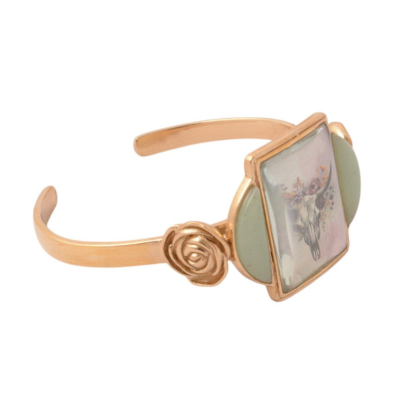 Steer Skull Green Aventurine Golden Cuff Bracelet - Barse Jewelry