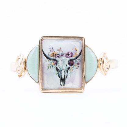 Steer Skull Green Aventurine Golden Cuff Bracelet - Barse Jewelry