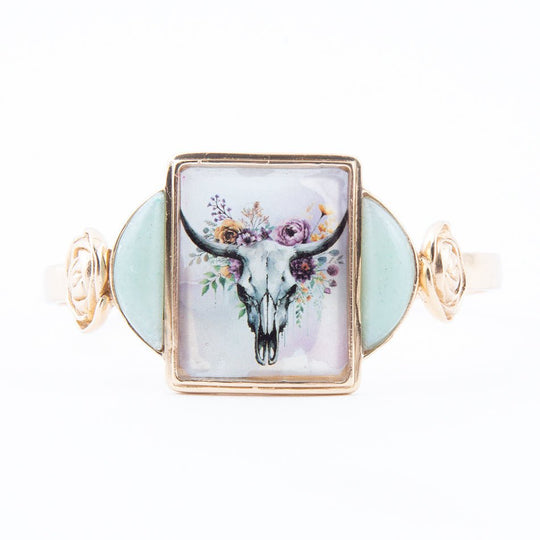 Steer Skull Green Aventurine Golden Cuff Bracelet