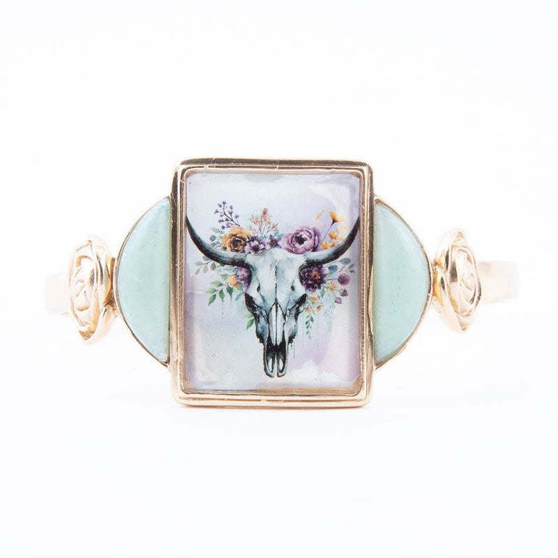 Steer Skull Green Aventurine Golden Cuff Bracelet - Barse Jewelry