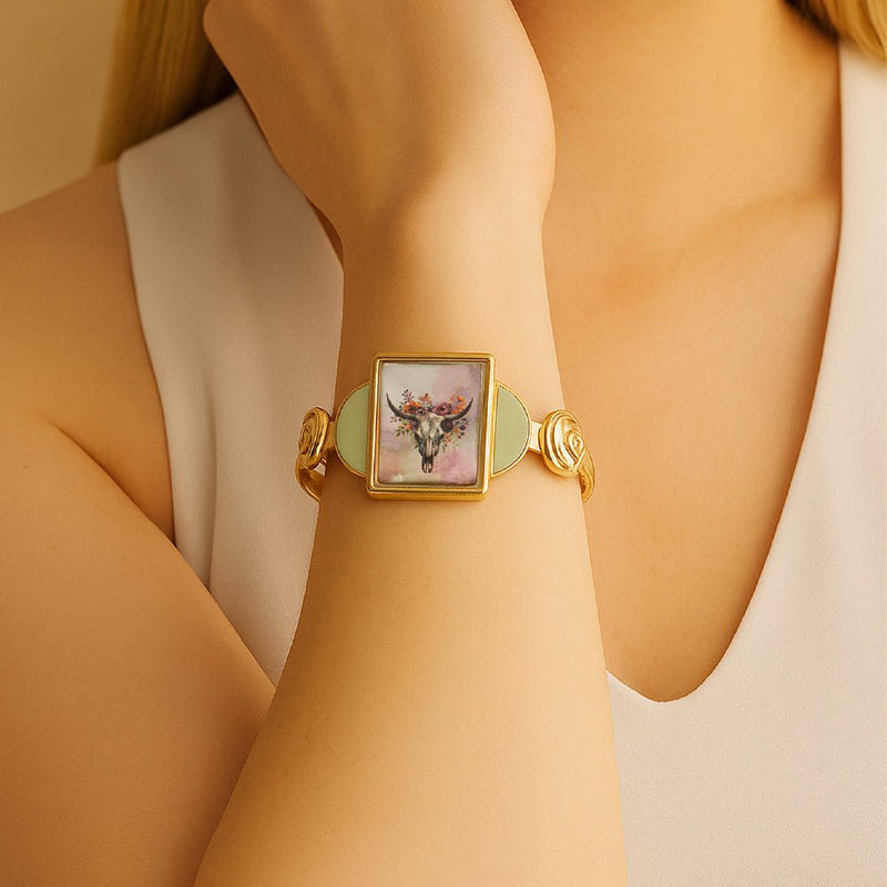 Steer Skull Green Aventurine Golden Cuff Bracelet - Barse Jewelry