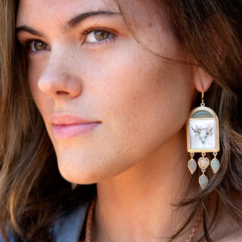Steer Skull Green Aventurine Golden Drop Earrings - Barse Jewelry