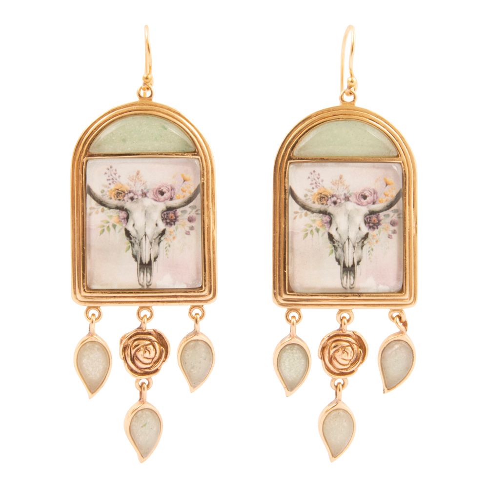 Steer Skull Green Aventurine Golden Drop Earrings - Barse Jewelry