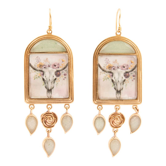 Steer Skull Green Aventurine Golden Drop Earrings