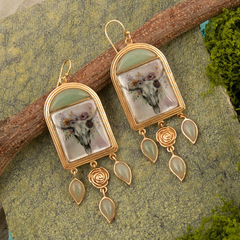 Steer Skull Green Aventurine Golden Drop Earrings - Barse Jewelry