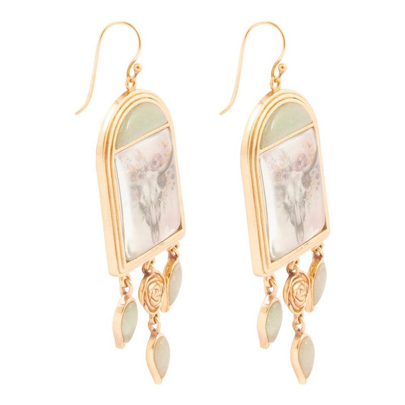 Steer Skull Green Aventurine Golden Drop Earrings - Barse Jewelry