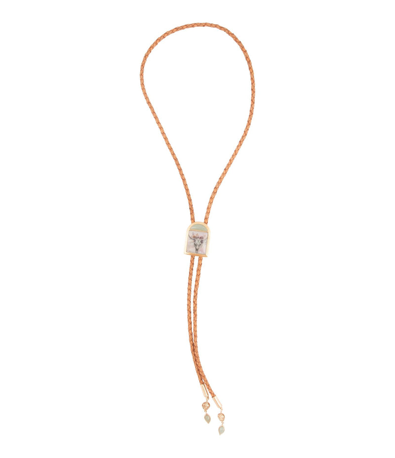 Steer Skull Green Aventurine Golden Leather Bolo Necklace - Barse Jewelry