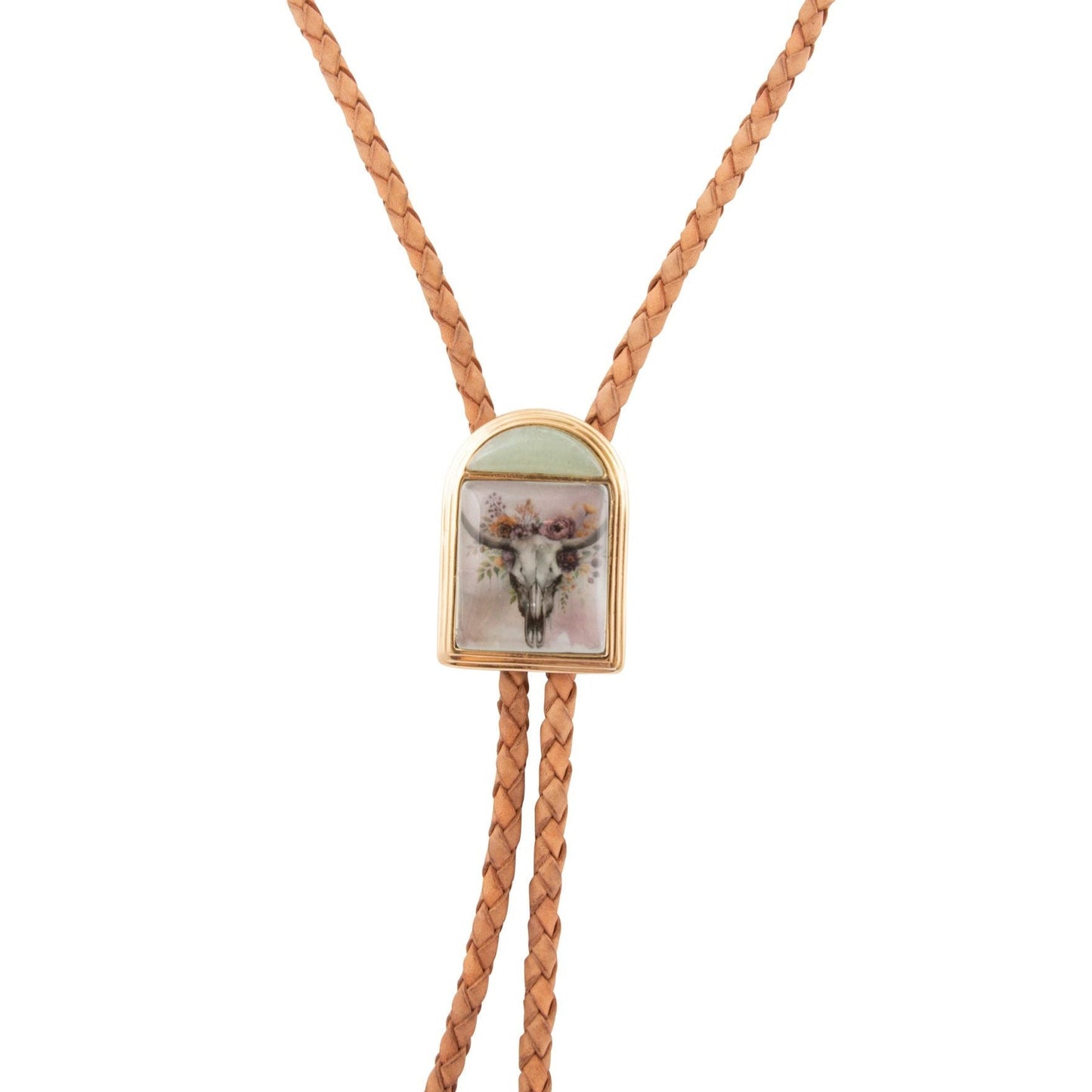 Steer Skull Green Aventurine Golden Leather Bolo Necklace - Barse Jewelry