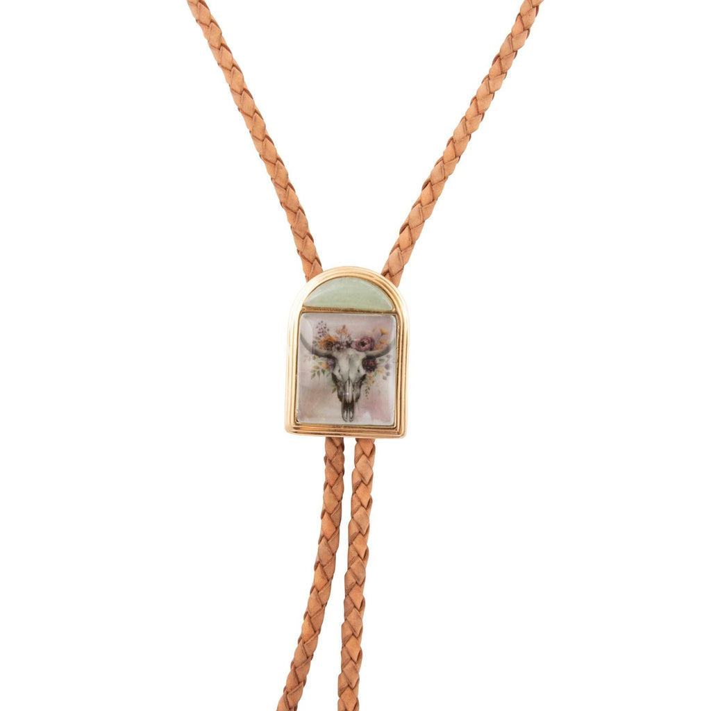 Steer Skull Green Aventurine Golden Leather Bolo Necklace - Barse Jewelry