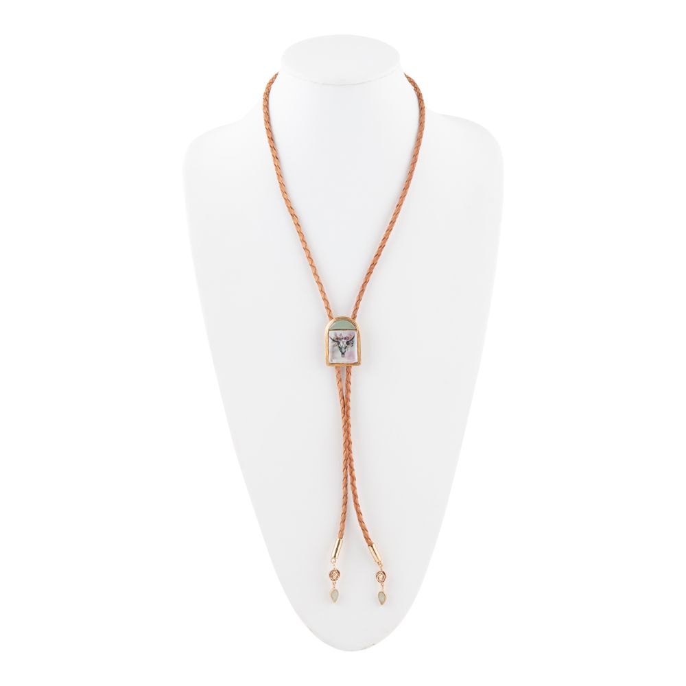 Steer Skull Green Aventurine Golden Leather Bolo Necklace - Barse Jewelry