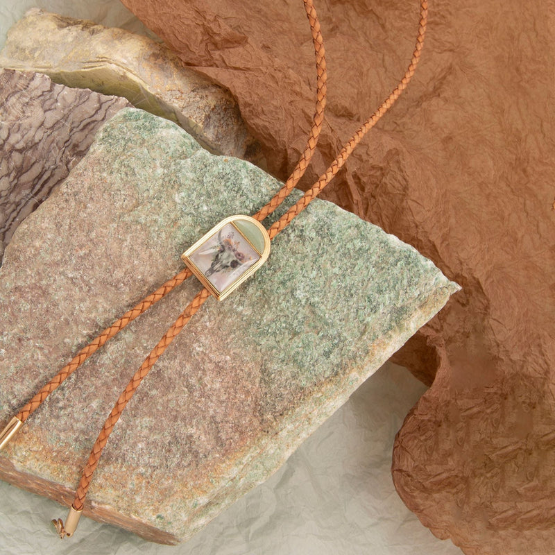 Steer Skull Green Aventurine Golden Leather Bolo Necklace - Barse Jewelry