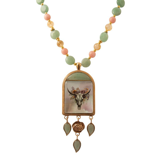 Steer Skull Green Aventurine Golden Pendant Necklace