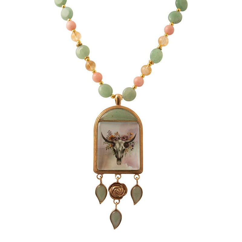 Steer Skull Green Aventurine Golden Pendant Necklace - Barse Jewelry