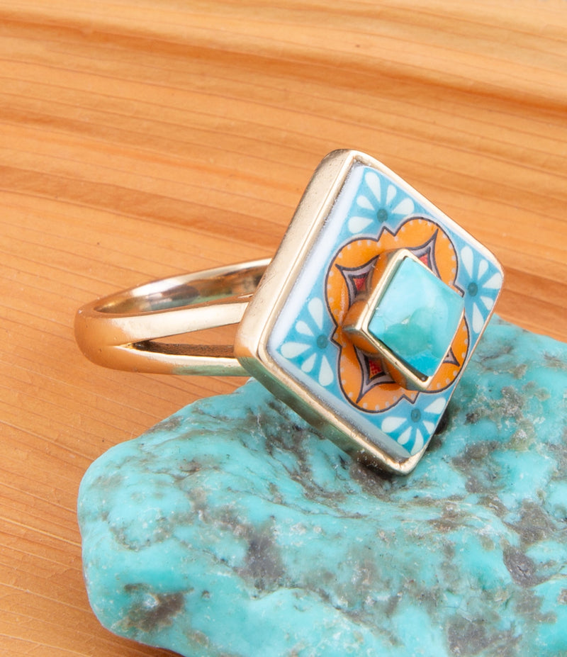 Talavera Blue Turquoise Golden Ring - Barse Jewelry