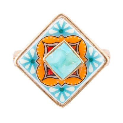 Talavera Blue Turquoise Golden Ring - Barse Jewelry
