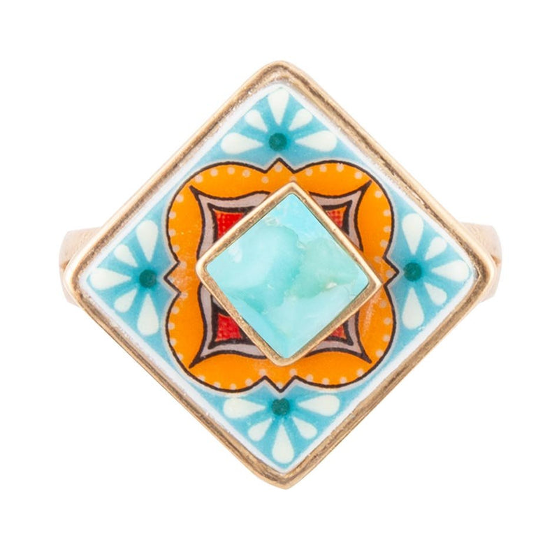 Talavera Blue Turquoise Golden Ring - Barse Jewelry