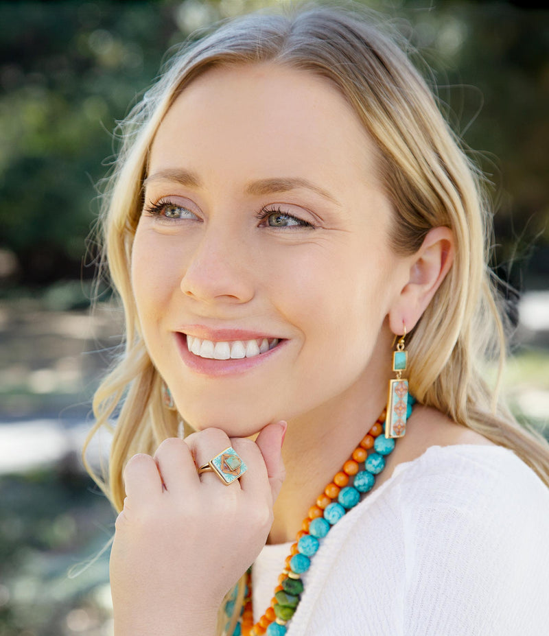 Talavera Tile and Blue Turquoise Golden Dangle Earrings - Barse Jewelry